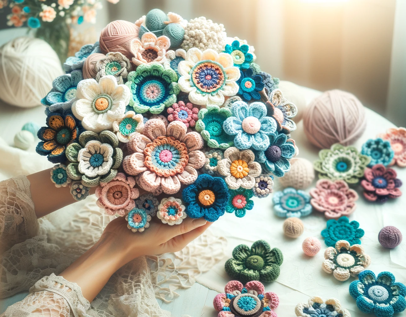 DALL·E 2024-01-18 19.25.41 - Create an image for a website homepage featuring a beautiful arrangement of handmade crochet flowers, showcasing a variety of colors and patterns. The